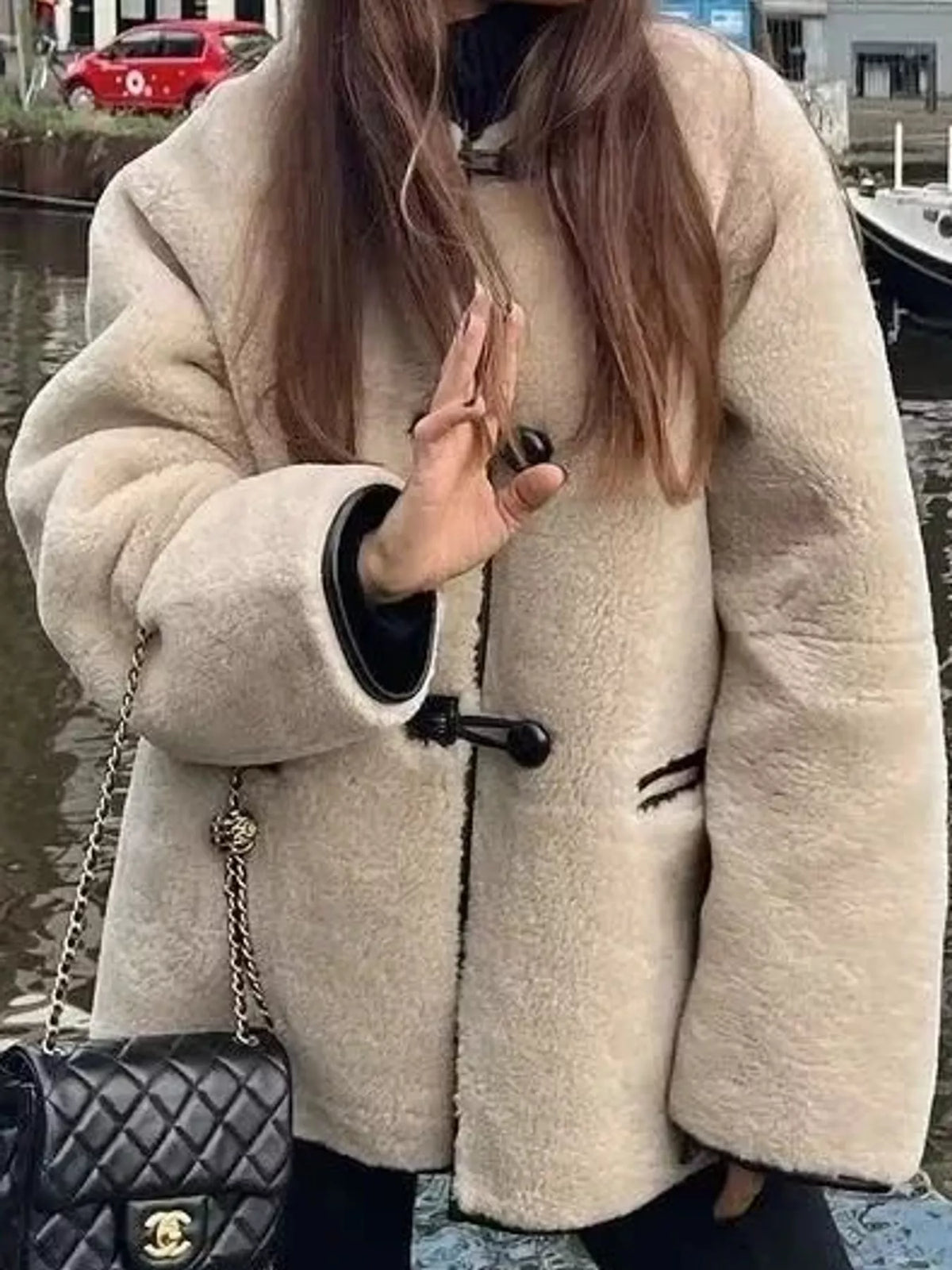 Beige faux shearling toggle coat, front view