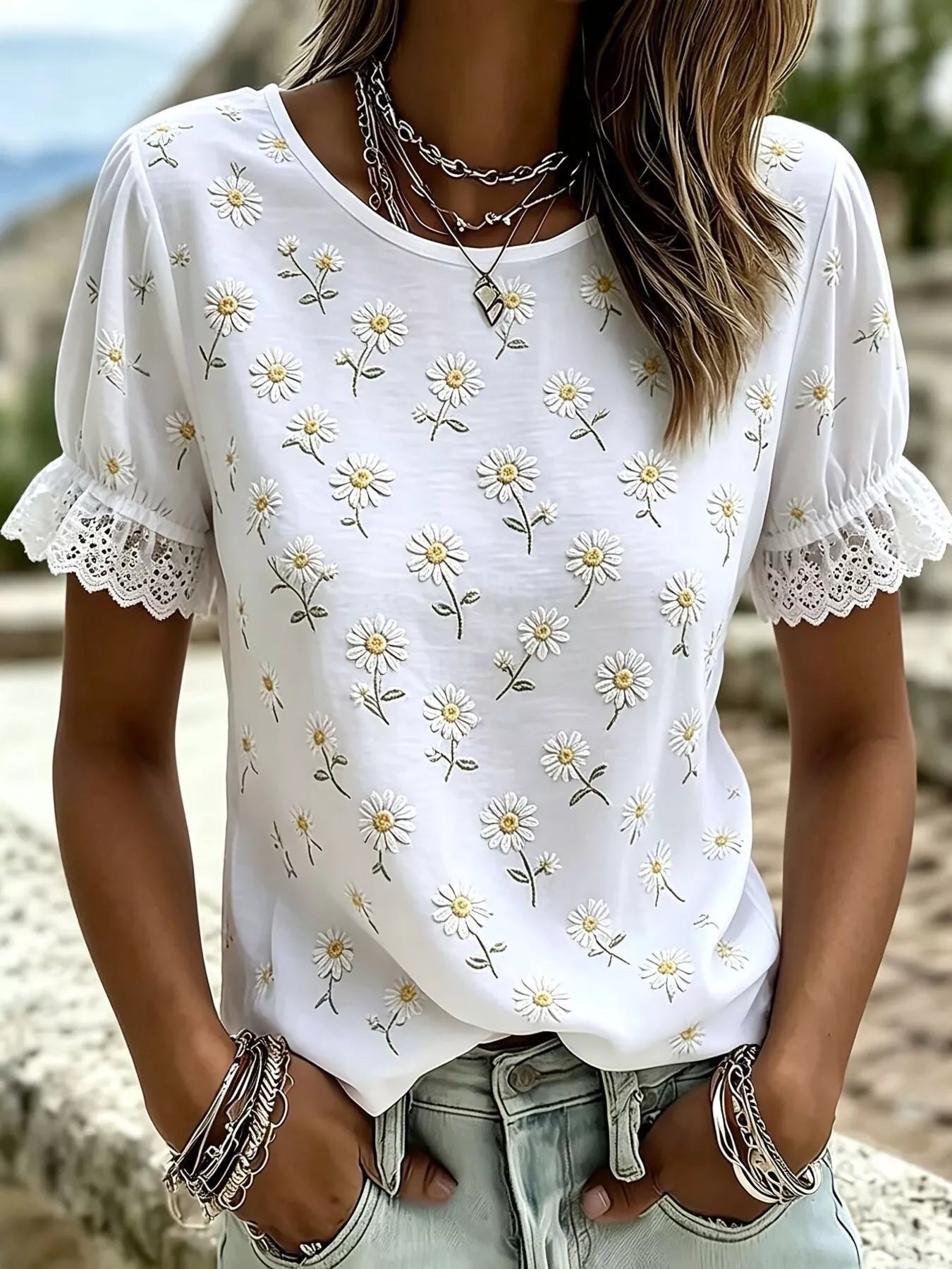 Trendsi Plus Size Daisy Lace Detail Puff Sleeve T-Shirt -