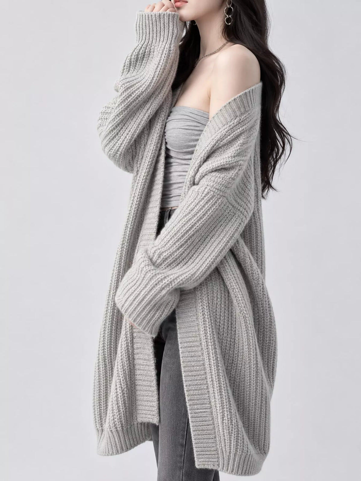 Longline knit cardigan, light gray side