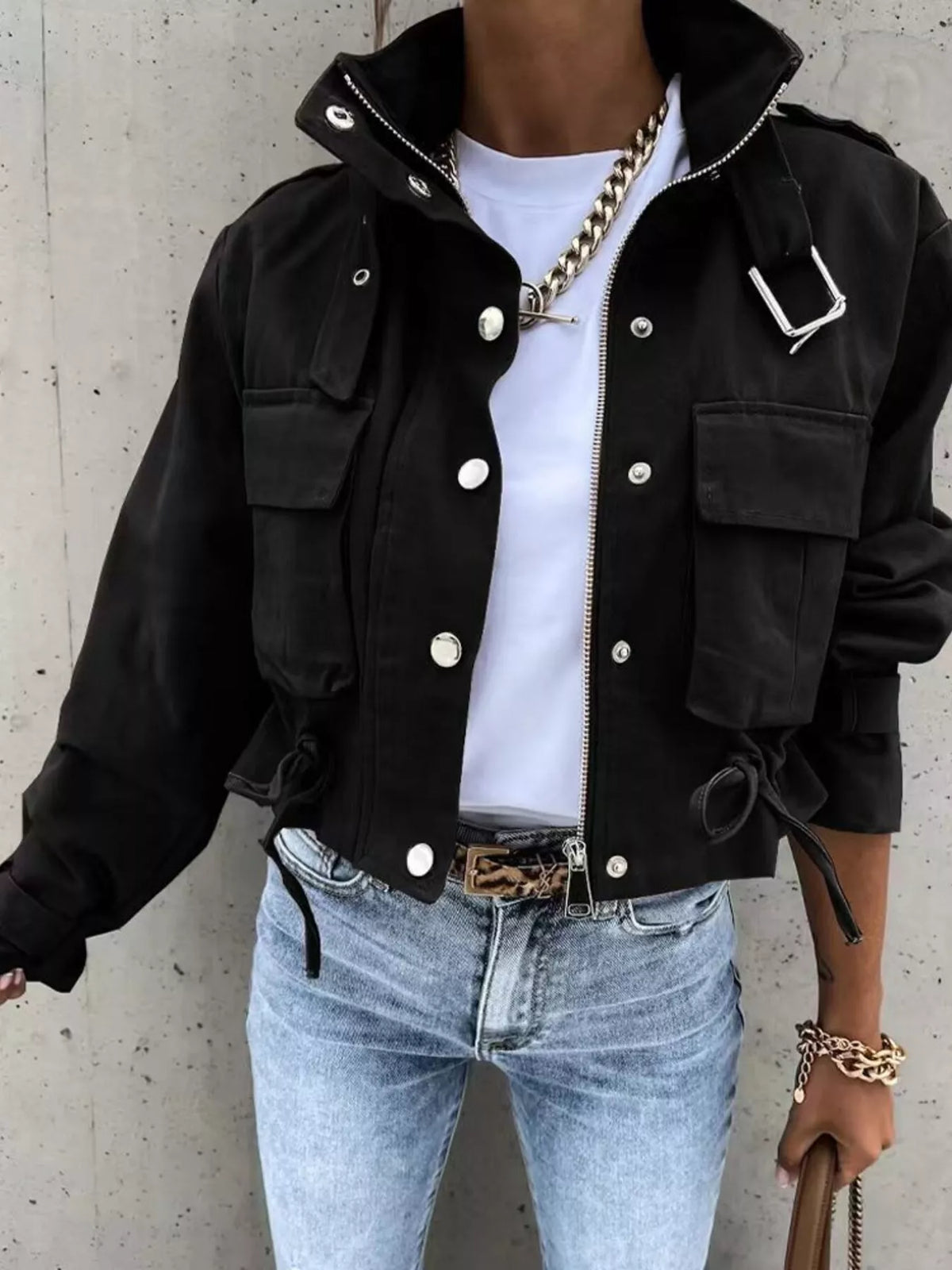 Black snap down cropped jacket