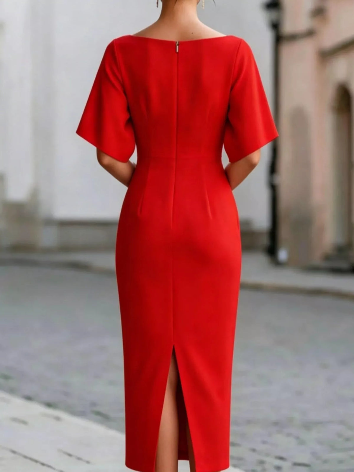 Boat neck short sleeve midi dress, back view