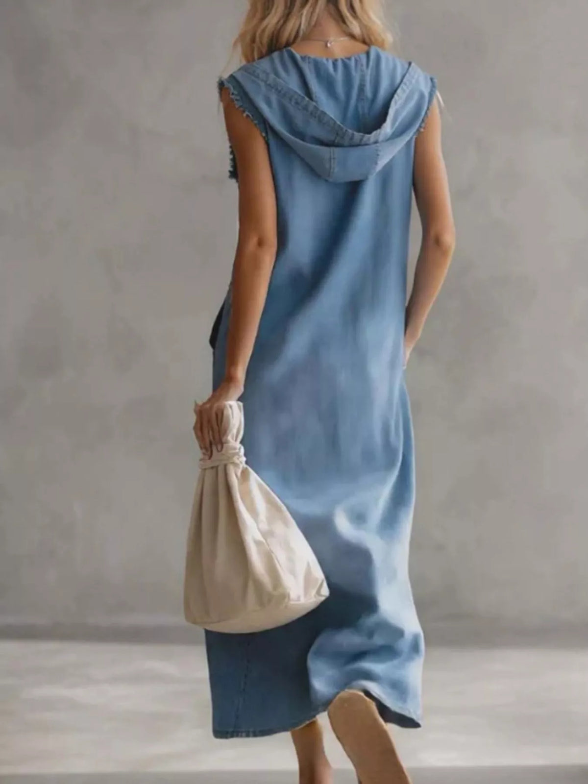 Slit sleeveless hooded denim maxi dress