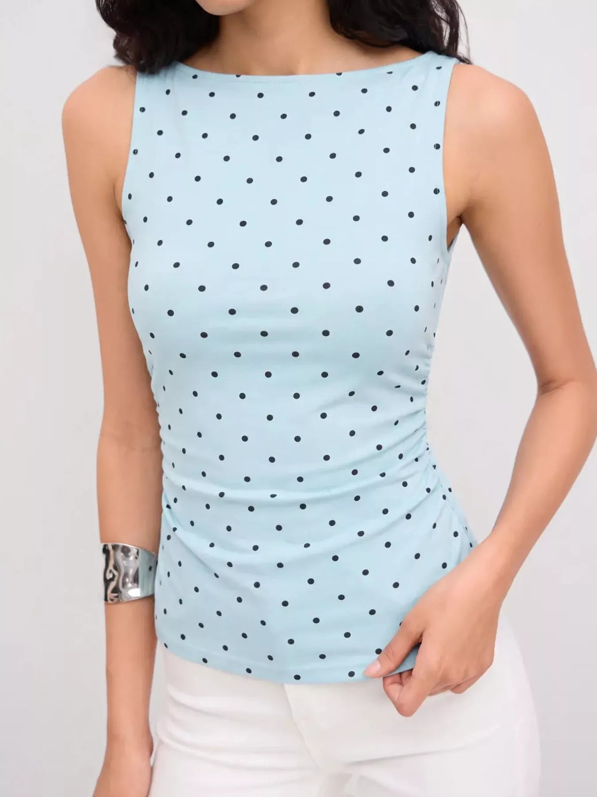 Polka Dot Print Sleeveless Tank Top with Tie Back in light blue