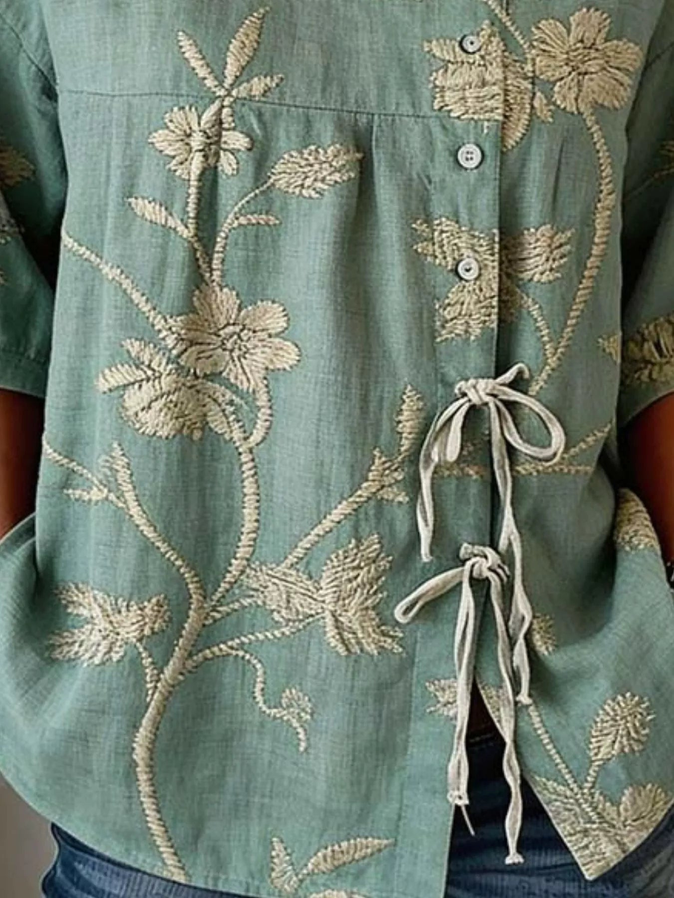 Trendsi Full Size Embroidered Floral Tie Front Shirt Plus Size -