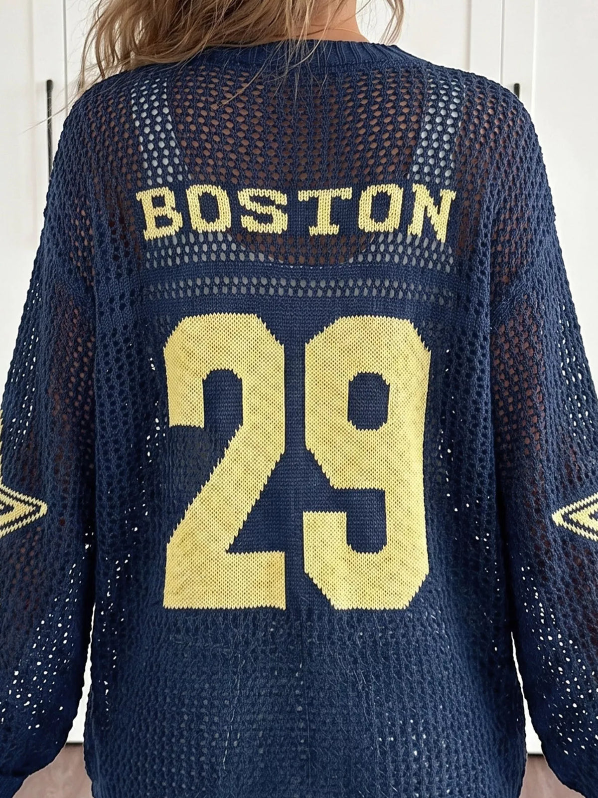 Women's Number 29 Openwork Knit Jersey Sweater in Dark Navy, detail view
