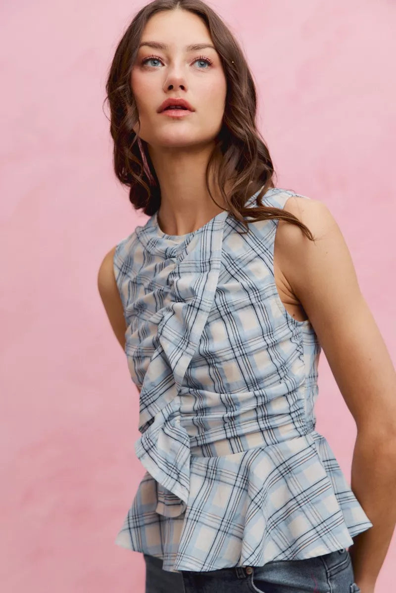 Women's Plaid Sleeveless Ruffle Peplum Top Blue And White Cotton — product view 7