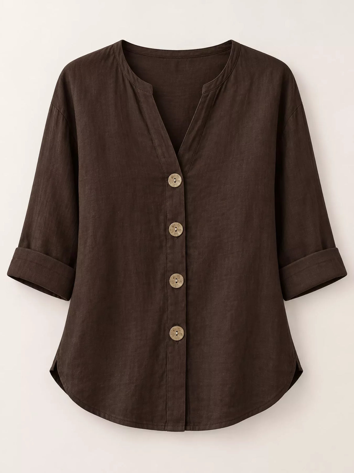 Notched-neck shirt, brown flat front