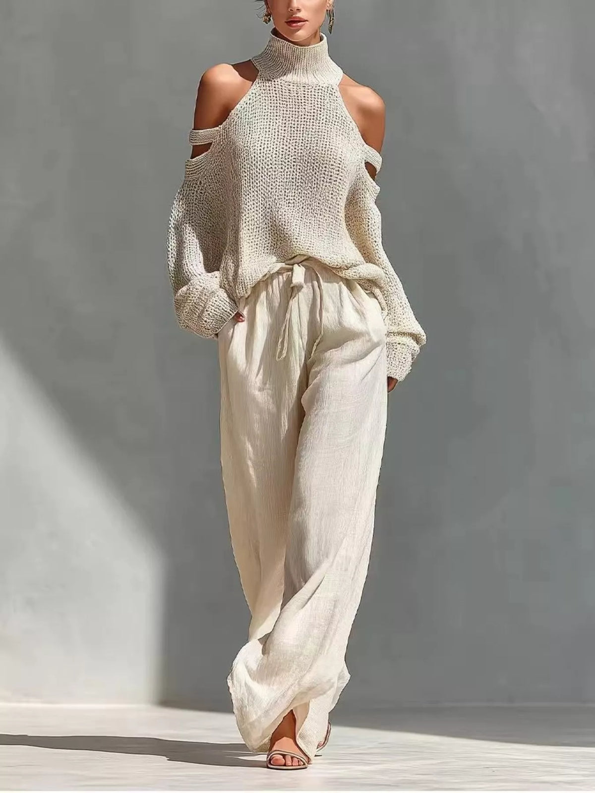 Cream cold-shoulder top and pants set, set front view