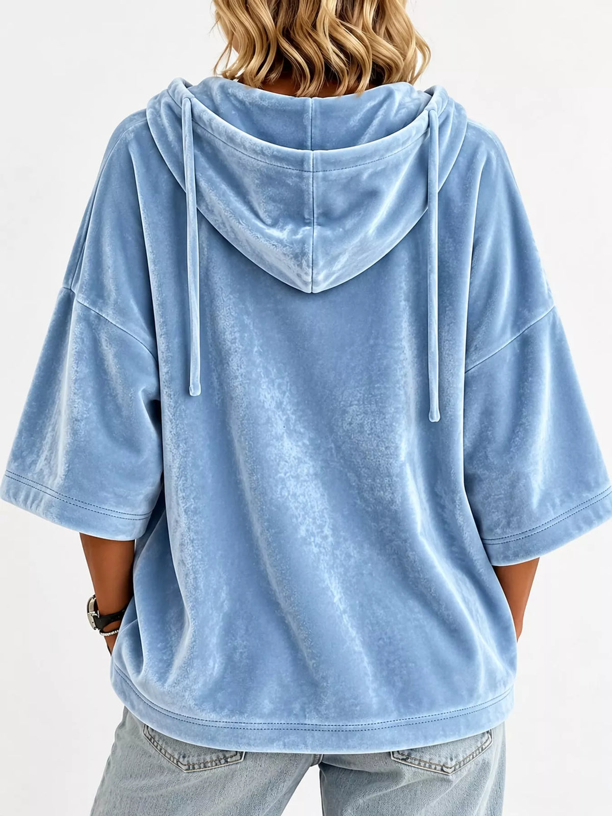 Blue velvet half sleeve hoodie with drawstring, back view