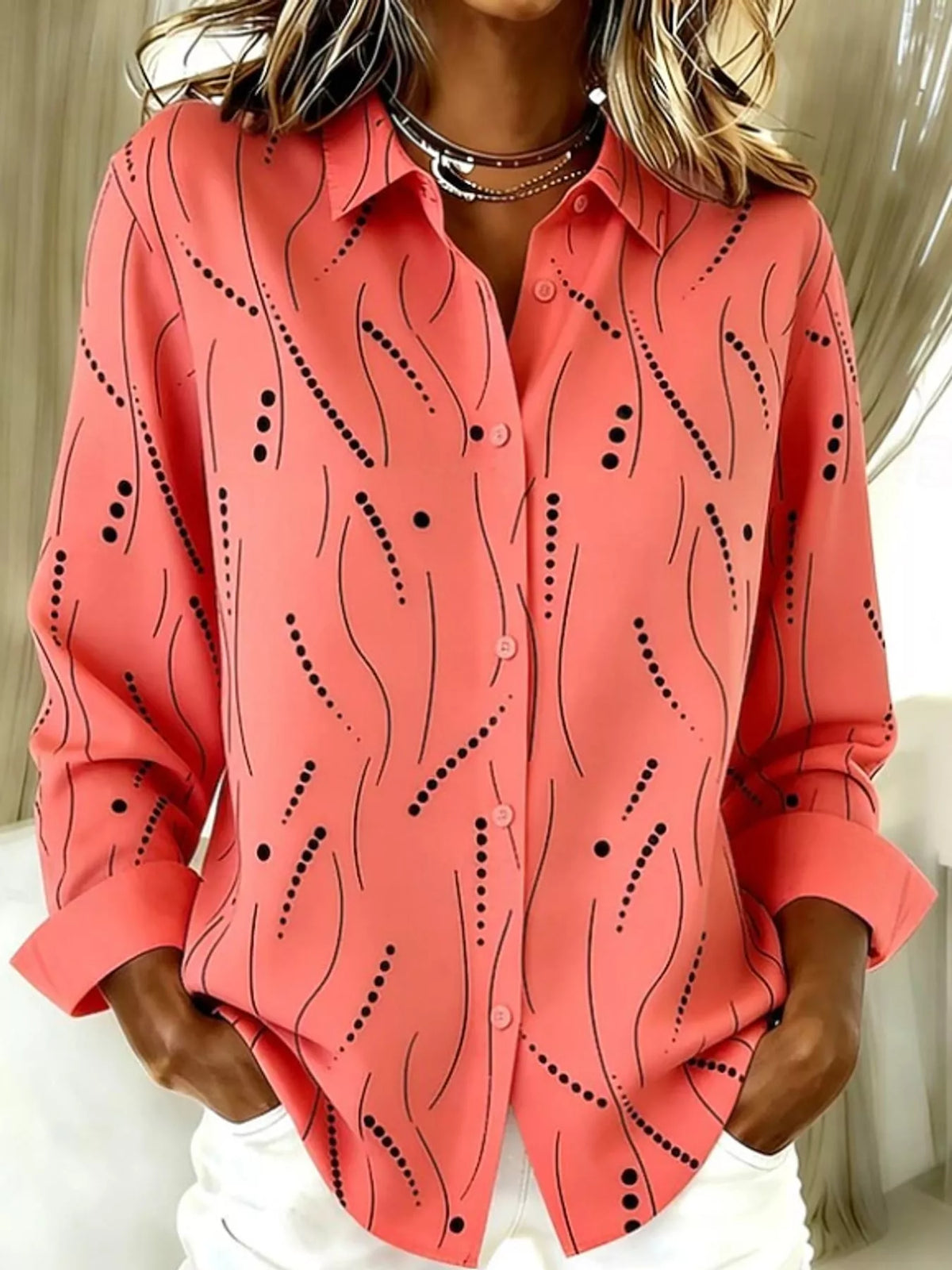Coral abstract-print long sleeve shirt