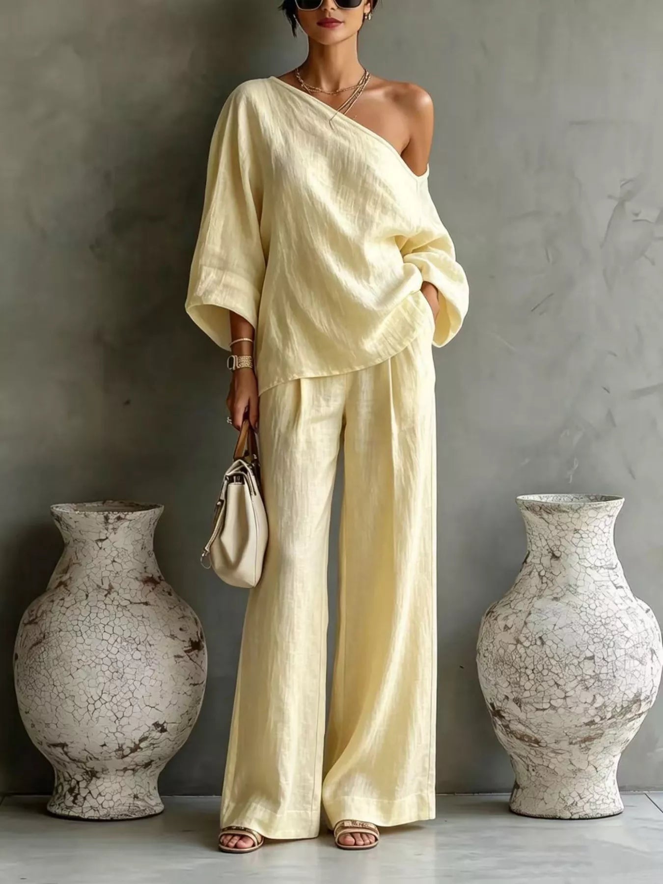Trendsi One Shoulder Top and Wide Leg Pants Set -