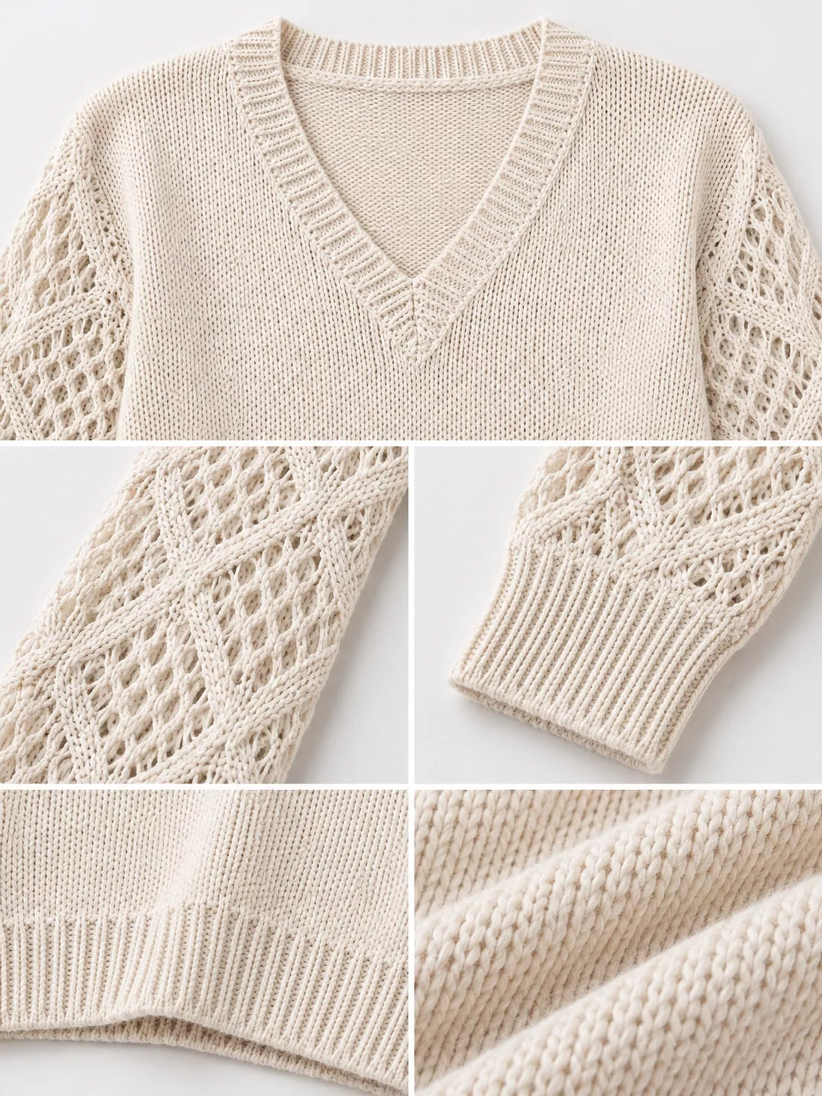 Beige v neck openwork long sleeve sweater, detail view