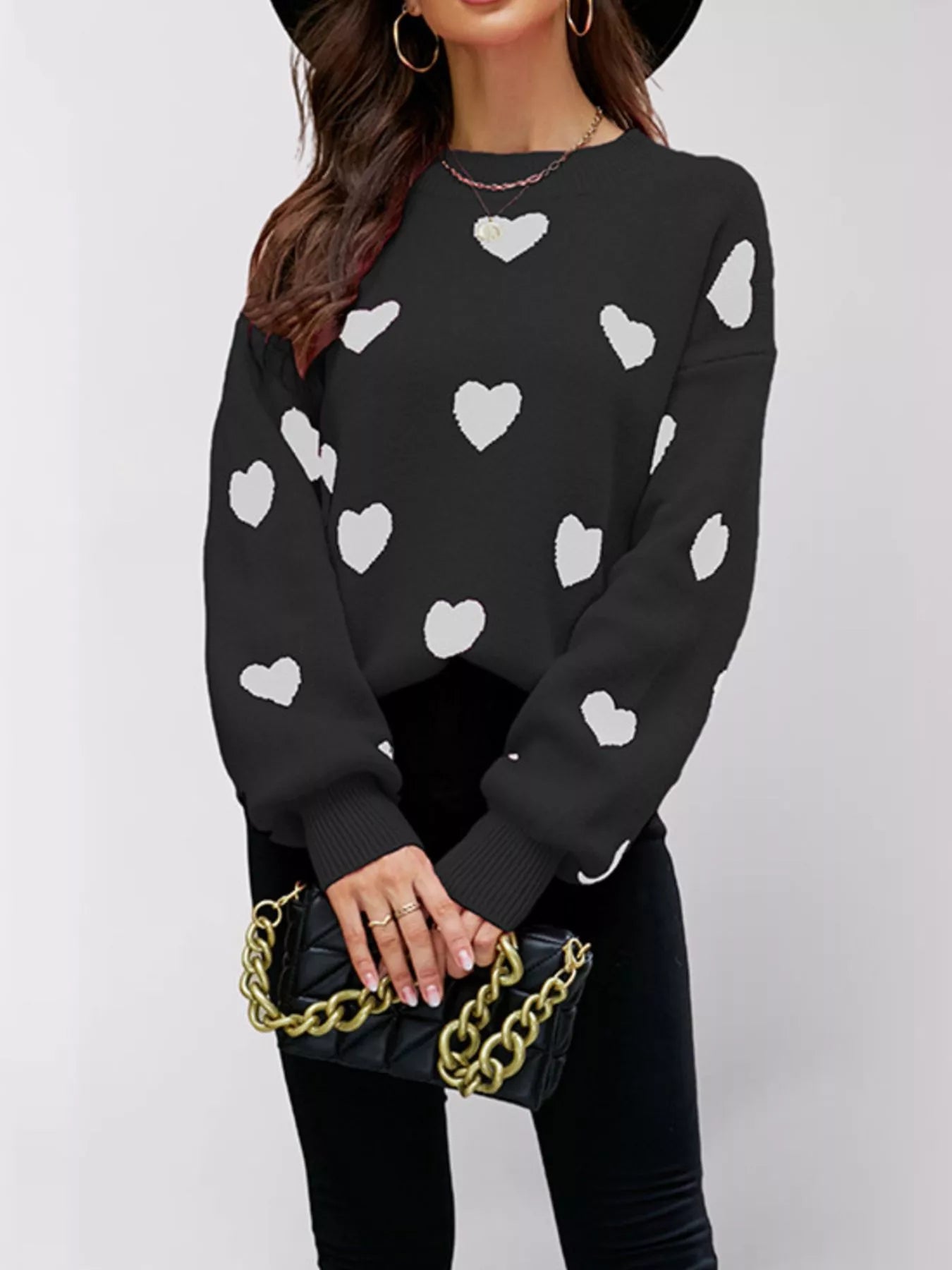 Trendsi Heart-Patterned Dropped Shoulder Sweater -