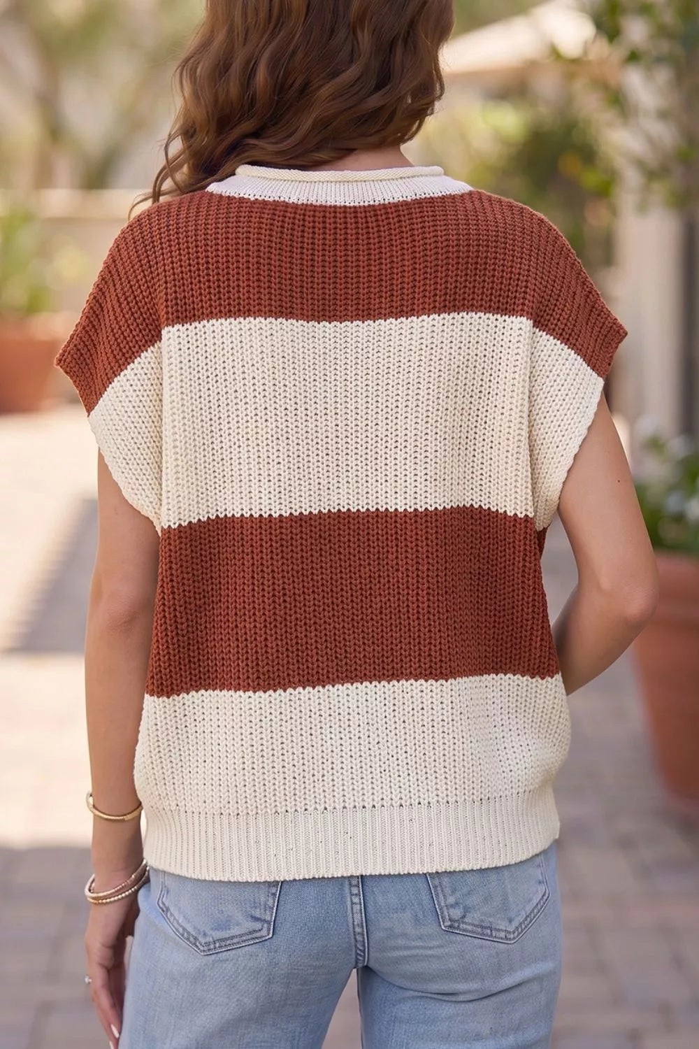 Trendsi Striped Colorblock Knit Short Sleeve Loose Sweater -