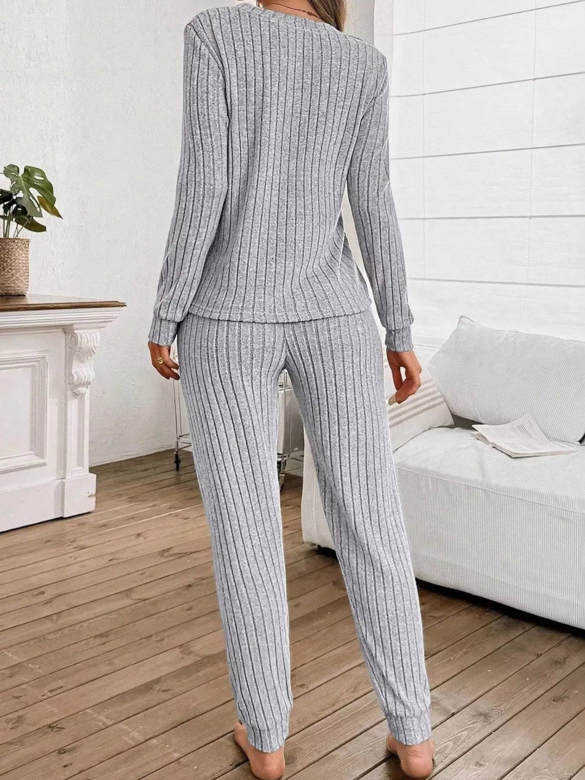 Ribbed Knit Long Sleeve Top and Pants Loungewear Set — back view