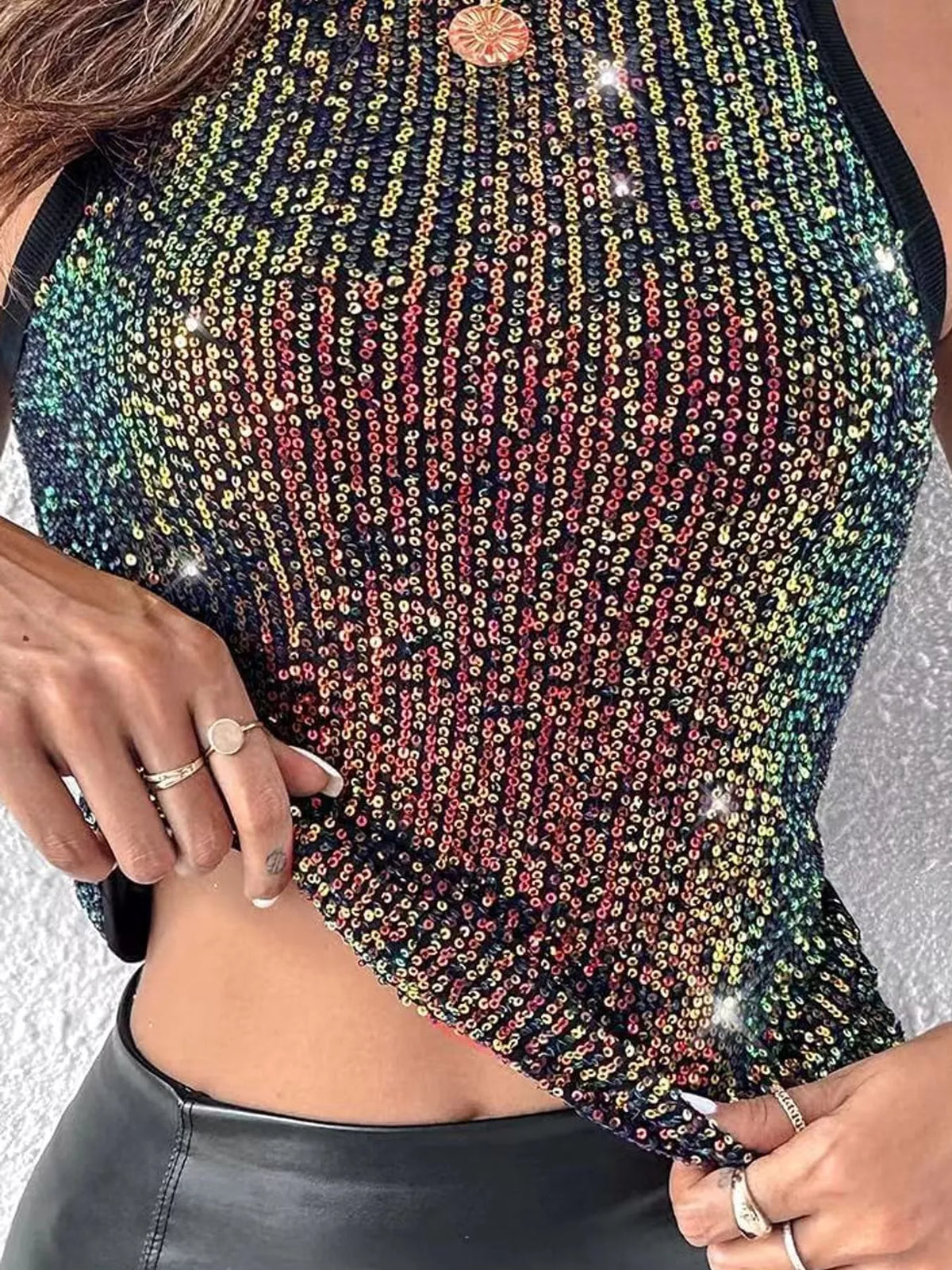 Multicolor sequin round neck tank, detail view