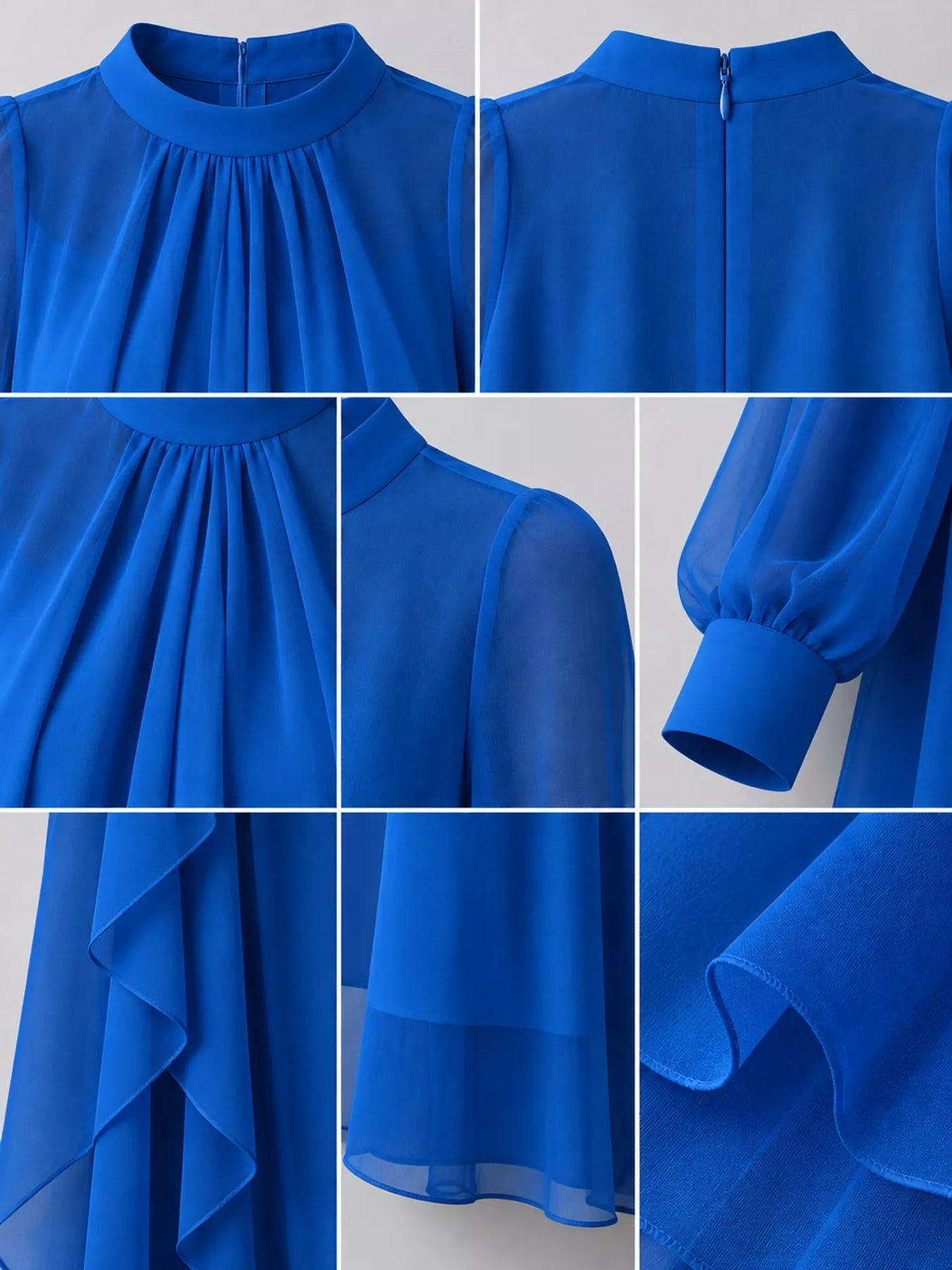 Sheer Sleeve Chiffon Layered Maxi Dress, detail view in blue