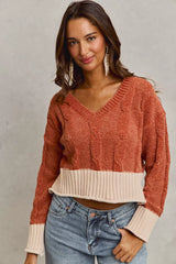 Trendsi SO ME Chenille Cable Knit V Neck Contrast Cropped Sweater -