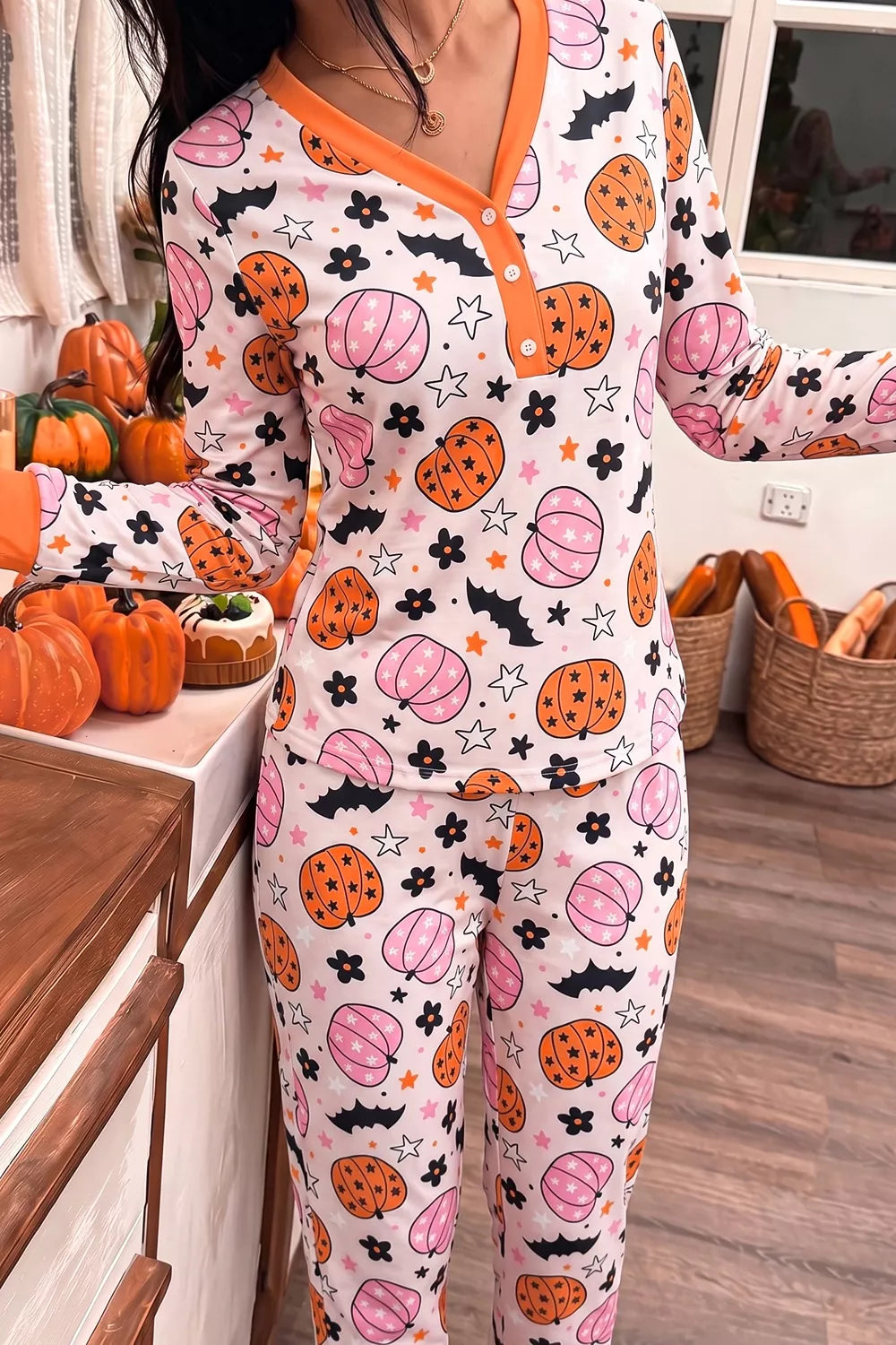 Trendsi Halloween Pumpkin Print Long Sleeve Home Wear Lounge Set -