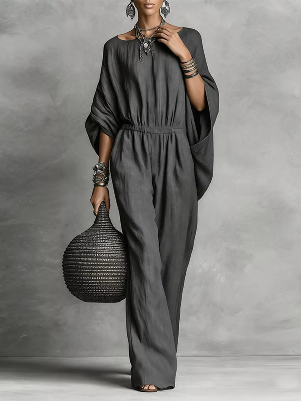 Dark gray boat-neck batwing-sleeve wide-leg jumpsuit