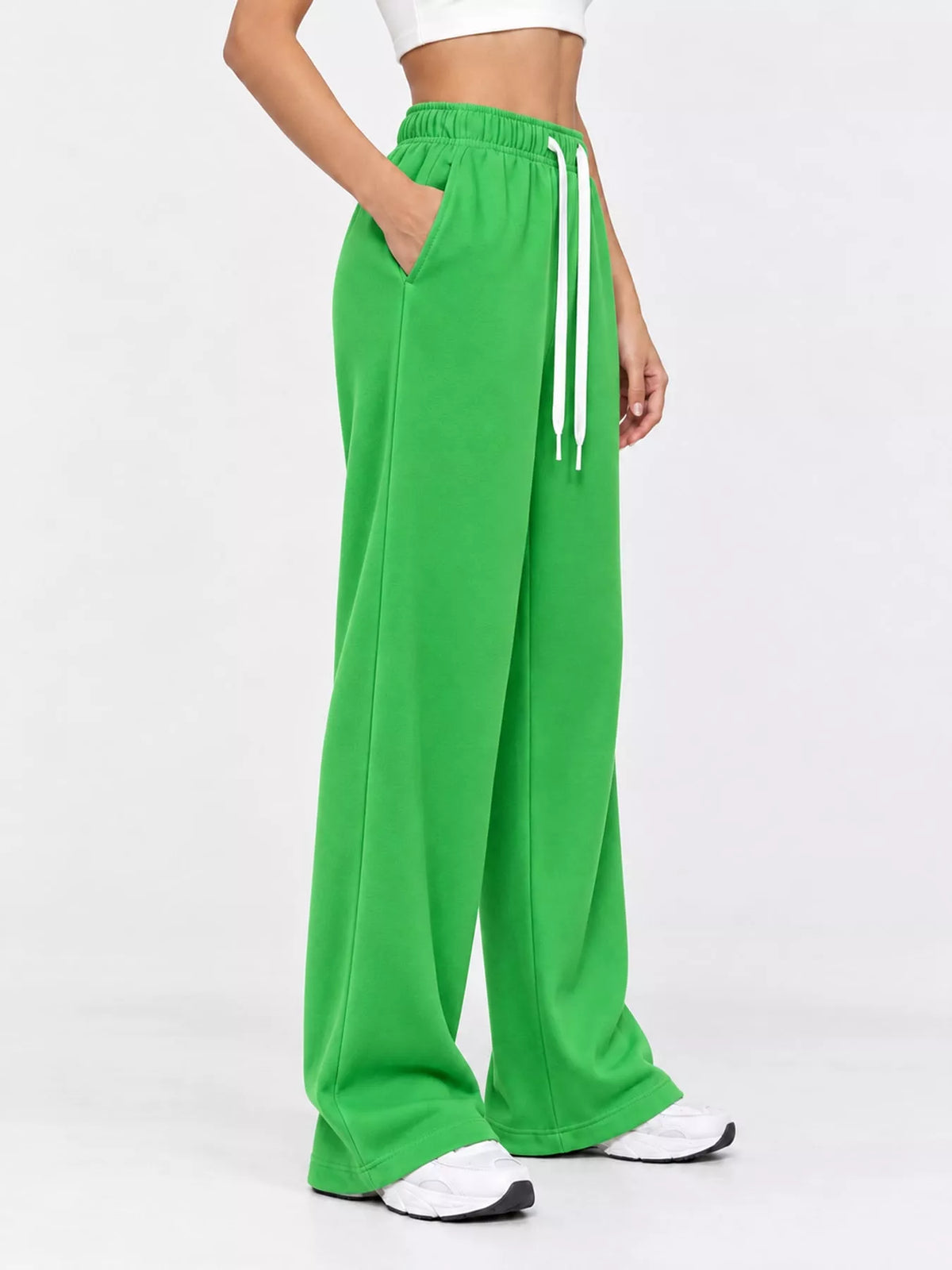 Green wide-leg pants with drawstring