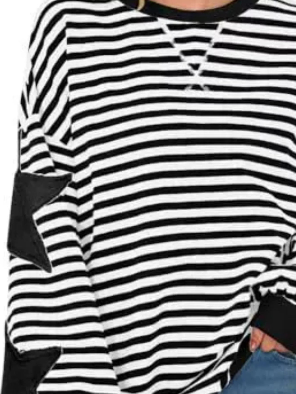 Black Star-Patch Striped Oversized Sweatshirt star and stripe detail
