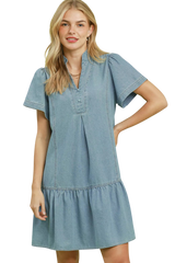 Trendsi Women’s Denim Mini Dress With Ruffle Hem And Front Pleats Regular - Dresses