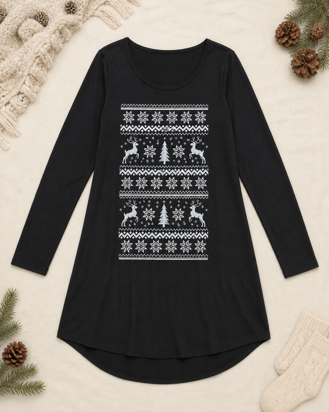 Niobe Clothing Reindeer Snowfall Long Sleeve Tunic - Tunics holiday