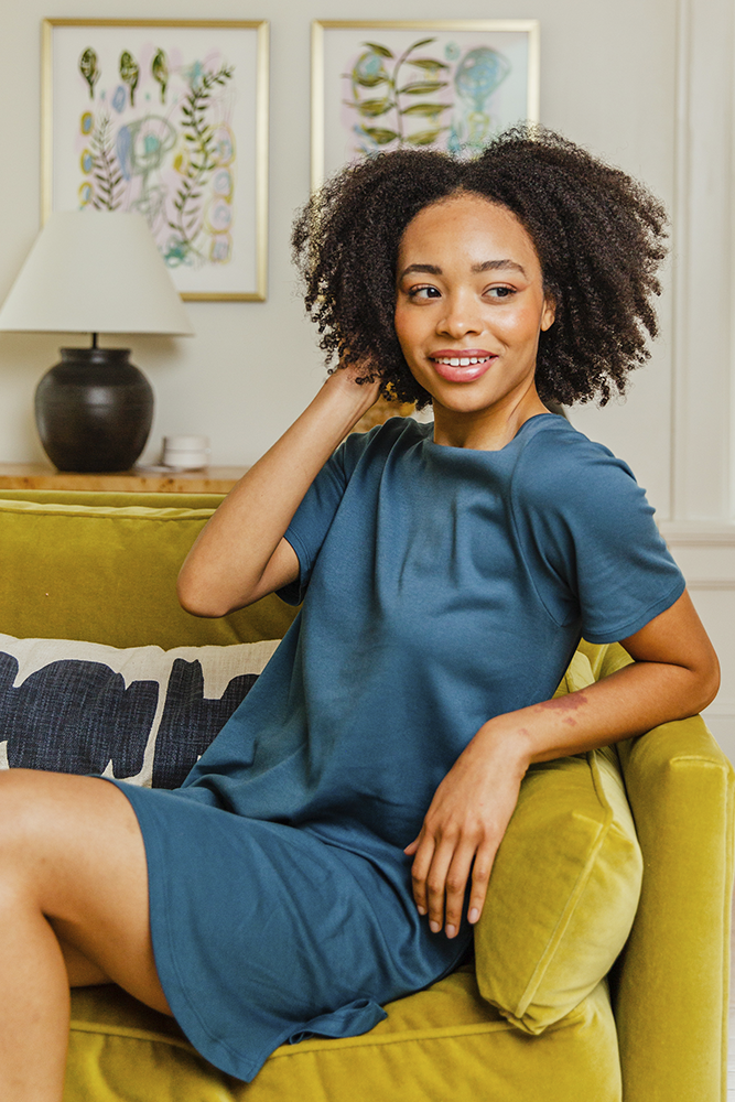 Ocean-blue Pima cotton T-shirt dress, seated view
