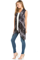Niobe Clothing Sleeveless Asymmetric Hem Open Front Cardigan in Black Grey Tie Dye - Cardigans