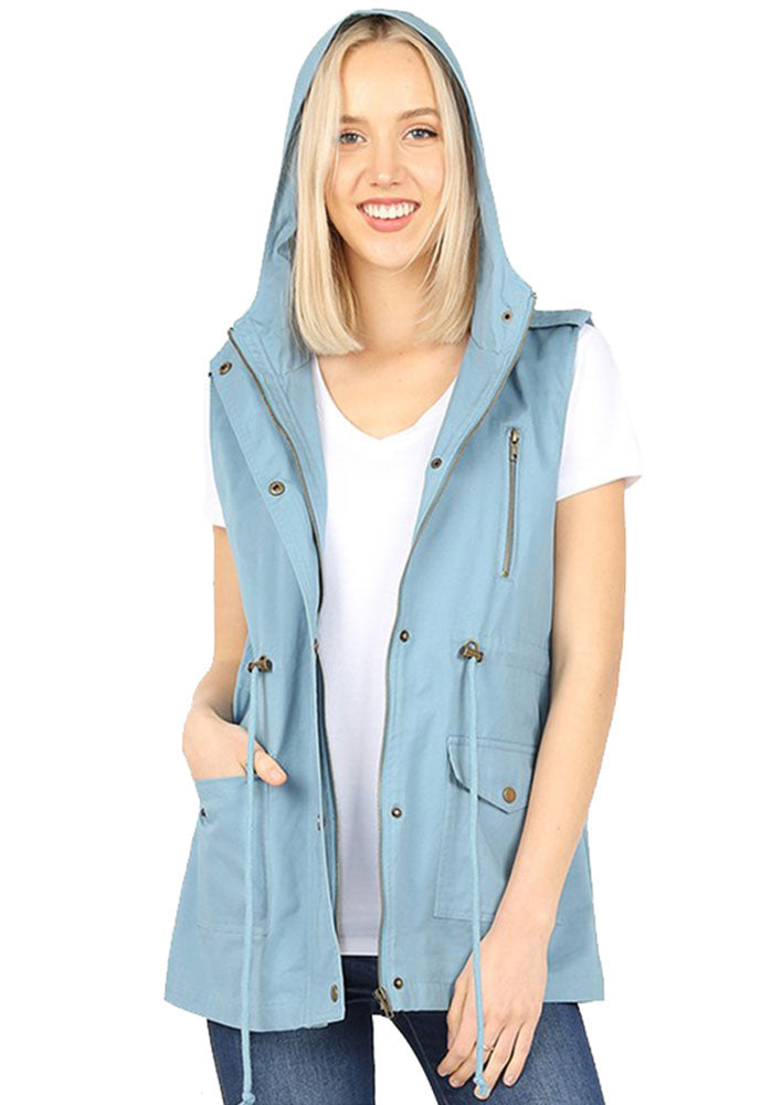 Zenana Sleeveless Utility Hoodie Military Vest - Vests sb_outerwear