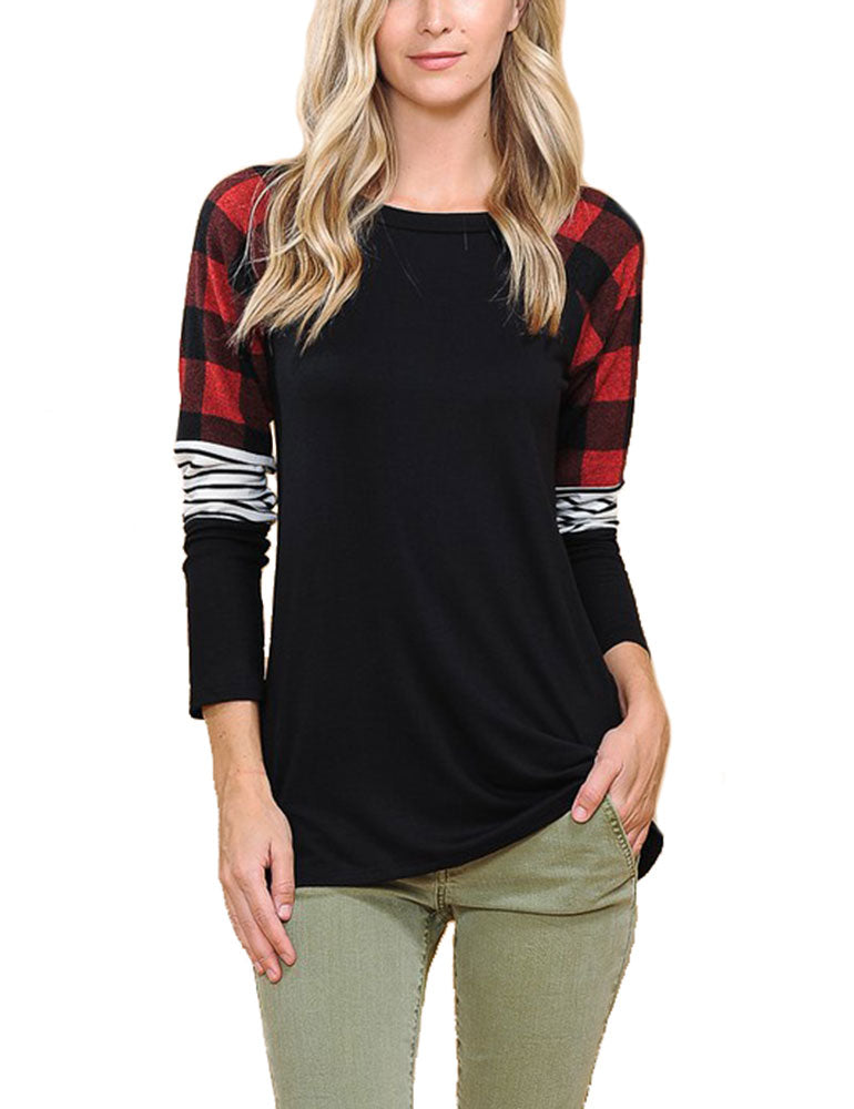 Zenana Long Sleeve Plaid Stripe Colorblock Round Neck Shirt - Shirts sb_tops