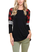 Long Sleeve Plaid Stripe Colorblock Round Neck Shirt Tops- Niobe Clothing