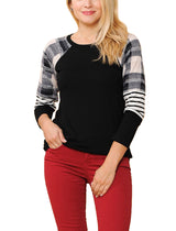 Long Sleeve Plaid Stripe Colorblock Round Neck Shirt Tops- Niobe Clothing