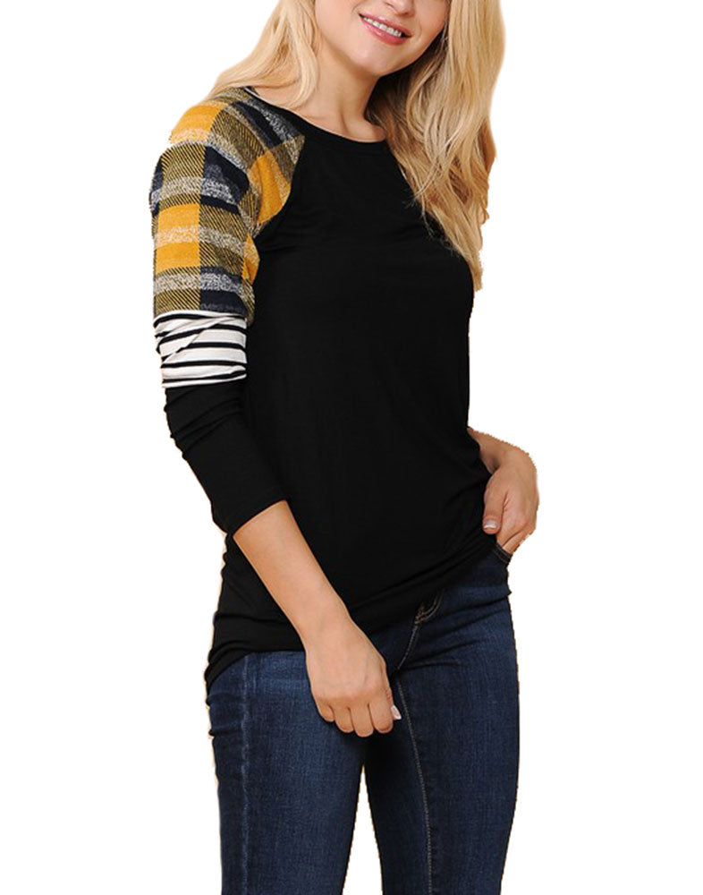 Zenana Long Sleeve Plaid Stripe Colorblock Round Neck Shirt - Shirts sb_tops