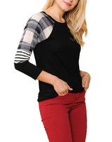 Long Sleeve Plaid Stripe Colorblock Round Neck Shirt Tops- Niobe Clothing