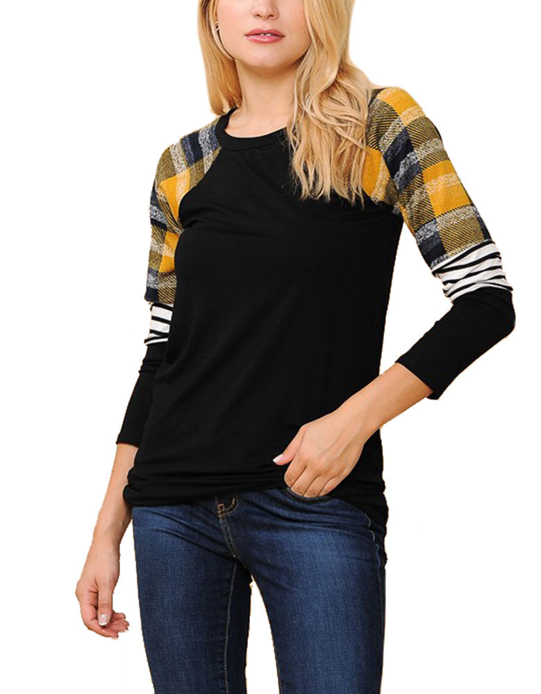 Zenana Long Sleeve Plaid Stripe Colorblock Round Neck Shirt - Shirts sb_tops