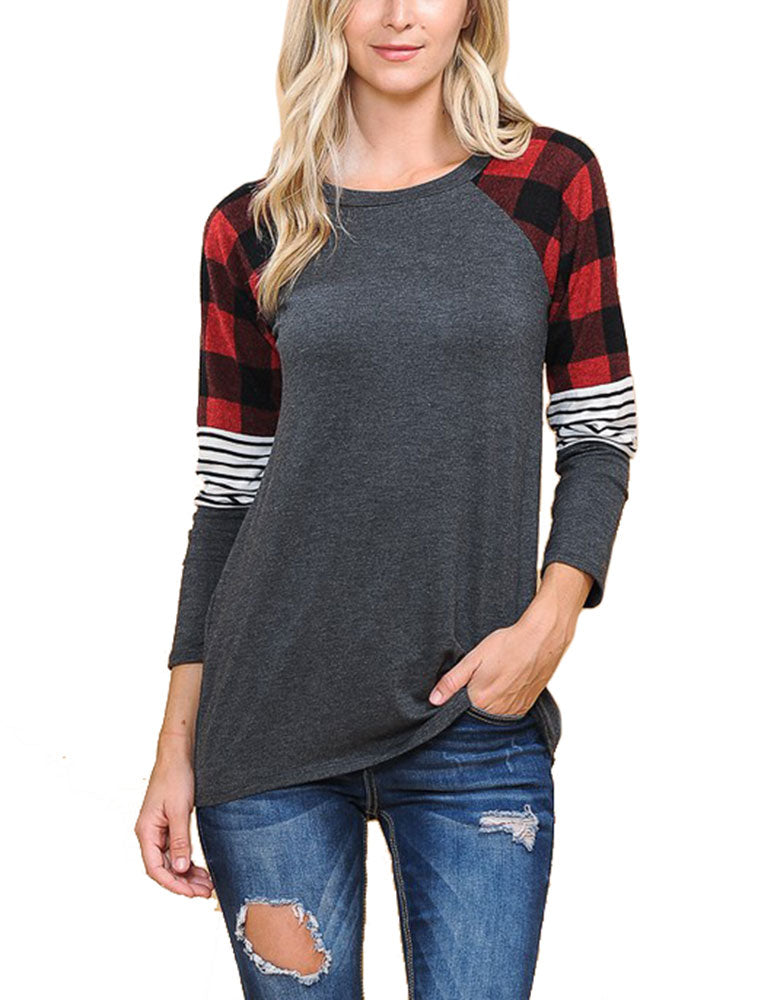 Zenana Long Sleeve Plaid Stripe Colorblock Round Neck Shirt - Shirts sb_tops