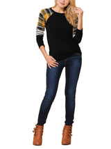 Long Sleeve Plaid Stripe Colorblock Round Neck Shirt Tops- Niobe Clothing