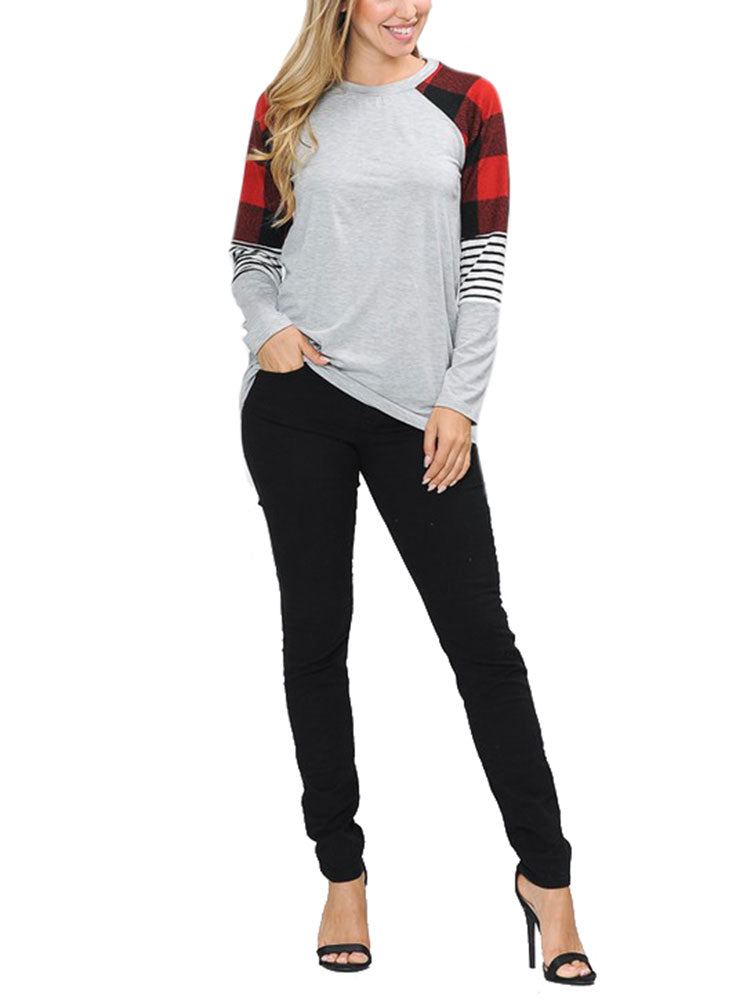 Zenana Long Sleeve Plaid Stripe Colorblock Round Neck Shirt - Shirts sb_tops