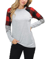 Long Sleeve Plaid Stripe Colorblock Round Neck Shirt Tops- Niobe Clothing