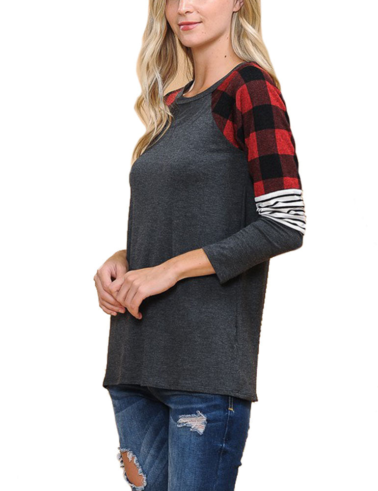Zenana Long Sleeve Plaid Stripe Colorblock Round Neck Shirt - Shirts sb_tops