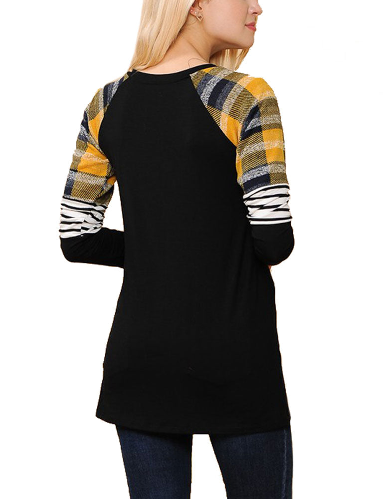 Zenana Long Sleeve Plaid Stripe Colorblock Round Neck Shirt - Shirts sb_tops