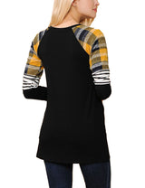 Long Sleeve Plaid Stripe Colorblock Round Neck Shirt Tops- Niobe Clothing