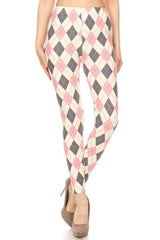 Cream Pink Argyle Plaid Leggings leggings- Niobe Clothing