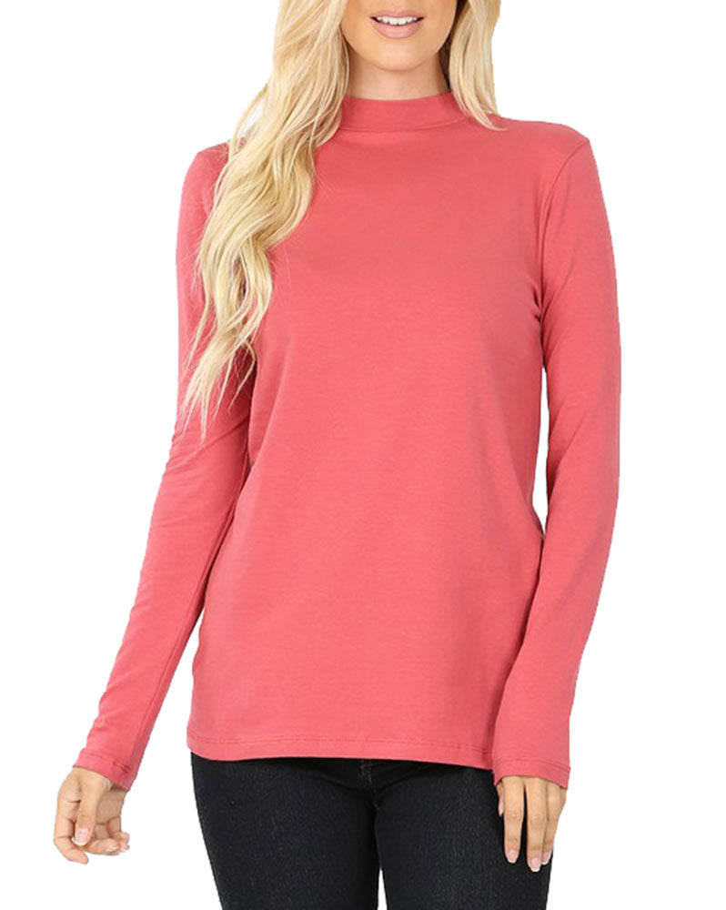 Zenana Cotton Long Sleeve Mock Neck - Shirts sb_tops