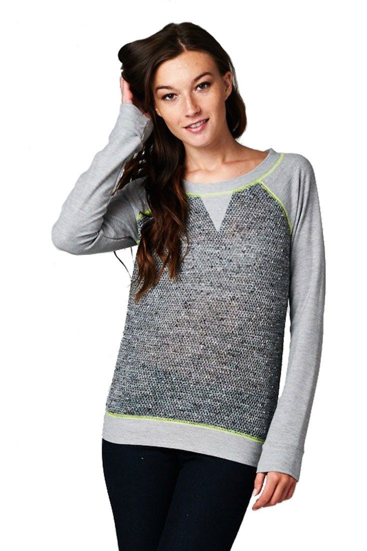 Niobe Clothing French Terry Long Sleeve Neon Accent Shirt Top (Grey) - Tops
