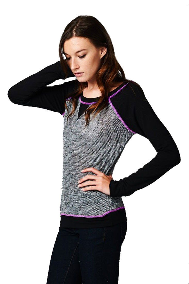 Niobe Clothing French Terry Long Sleeve Neon Accent Shirt Top (Black) - Tops