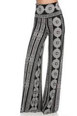 Niobe Clothing High Waist Foldover Boho Palazzo Pants (Black White Medallion) - pants
