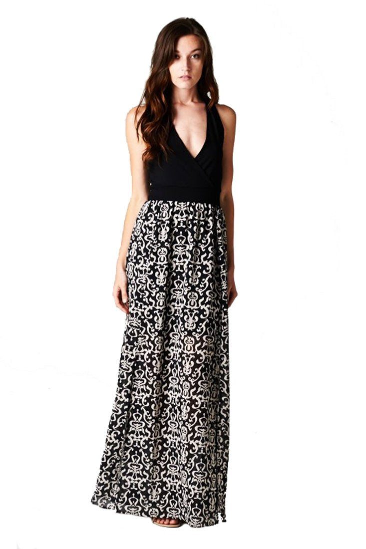 Niobe Clothing Halter Top Baroque Damask Print Black White Maxi Dress w/ Side Slit - Dresses f_dresses
